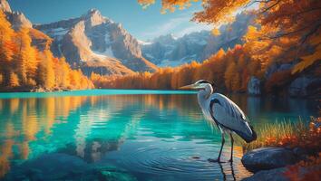 Heron Standing in Lake Surrounded by Autumn Trees and Mountains photo