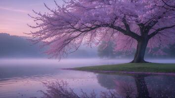 Flowering Tree Reflecting in Lake Water at Dawn with Soft Mist photo