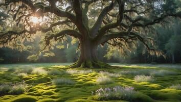 Majestic Old Tree Shrouded in Spanish Moss with Green Mossy Landscape photo