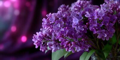 Vibrant purple lilacs in a glass jar against a rich purple background creating an elegant atmosphere for any setting photo