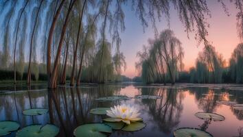 Water Lily Floating on Pond Reflecting Willow Trees at Twilight photo