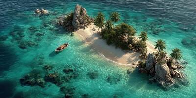 Tropical island with clear turquoise waters and a small boat anchored near sandy shore photo