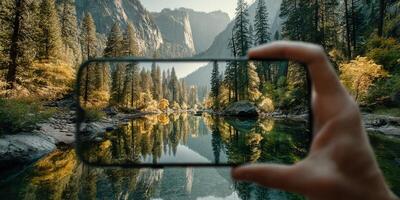 Capturing the serene landscape of a mountain river through a mobile phone in autumn sunlight photo