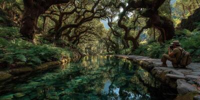 Serene afternoon by the crystal-clear stream surrounded by ancient trees and lush greenery in a tranquil natural setting photo