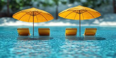 Relaxing poolside loungers with yellow umbrellas in a serene setting during sunny weather photo