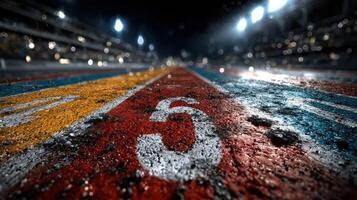 Brightly lit racetrack showing lane markings and texture under night lighting conditions before the race photo
