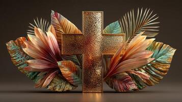Elegant golden cross surrounded by vibrant tropical leaves and natural textures in a peaceful setting photo