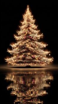Illuminated Christmas tree with reflection in darkness creating a magical holiday atmosphere in December photo