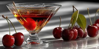 Cherry cocktail served in a glass with fresh cherries beside it on a table with contrasting shadows and highlights photo