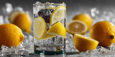 Refreshing drink with lemon slices and ice on a dark background during a summer evening photo