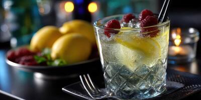 Refreshing beverage with raspberries and lemons served at a dimly lit bar during an evening gathering photo
