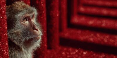 Majestic monkey gazing thoughtfully in a vibrant red environment during daylight hours photo