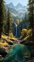 Majestic waterfall cascades into a crystal-clear river surrounded by autumn foliage in a mountainous landscape photo