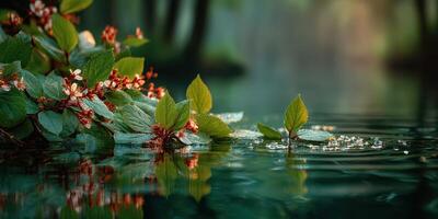 Delightful flowers and vibrant greenery reflected in tranquil waters during early morning light photo
