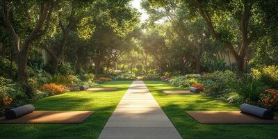 Serene outdoor yoga session in a lush garden during late afternoon with mats set on a tranquil pathway photo