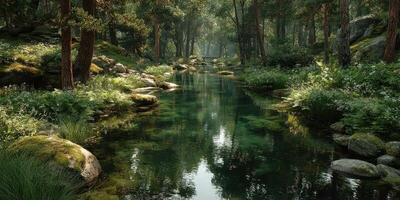 Lush forest landscape with a serene river flowing quietly through green foliage during the late afternoon photo