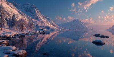 Scenic winter landscape with snow-covered mountains and calm lake at dusk in a tranquil setting photo
