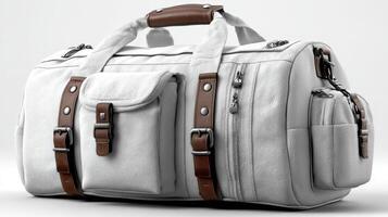 Stylish travel bag with brown leather accents perfect for weekend getaways and outdoor adventures photo