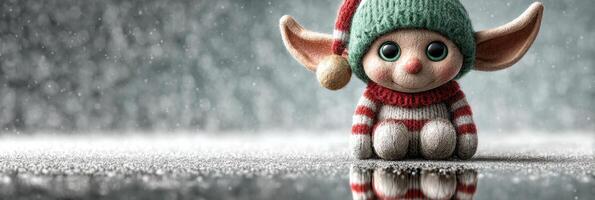 Cute elf doll sitting on a snowy surface, surrounded by glistening snowflakes during winter season photo