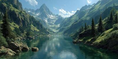 Majestic mountain landscape with serene lake reflecting blue skies and lush greenery in a tranquil environment photo