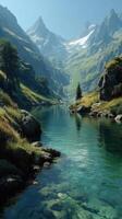 Majestic mountain landscape with a serene river flowing through a lush valley at sunrise photo