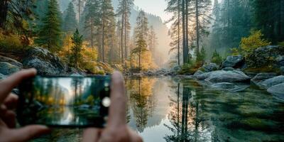 Capturing a serene forest reflection at dawn near a tranquil river in a beautiful natural setting photo