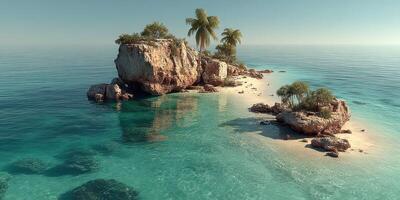 Idyllic tropical island with clear waters and sandy beach surrounded by rocky formations photo