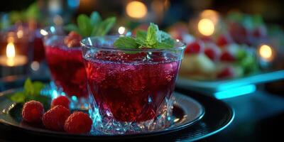 Refreshing raspberry drinks served with fresh mint in a cozy candlelit setting during an evening gathering photo