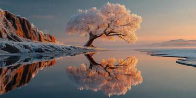 Winter sunrise illuminates a solitary tree reflecting on calm waters near a rocky shore photo