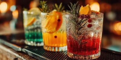 Colorful cocktails with citrus garnishes served at a vibrant bar during an evening gathering photo