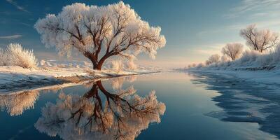Frozen winter landscape showcasing a majestic tree and serene river reflections under a clear sky photo