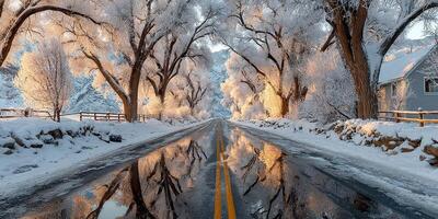Scenic winter road lined with frosted trees reflecting in fresh snow at dawn photo