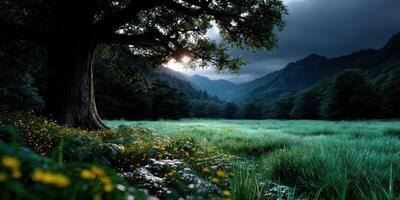 Dramatic twilight in a lush meadow surrounded by mountains and trees photo