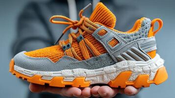 Unique orange and gray athletic shoe displayed in a hand against a blurred background photo
