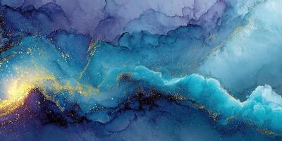 Swirling blue and gold abstract design inspired by natural landscapes in a gradient of rich colors photo