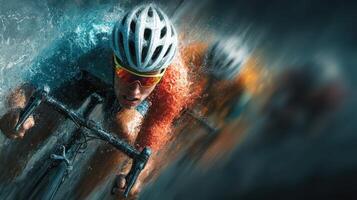 Cyclists compete fiercely in rain during a challenging race on a wet road photo