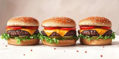 Three delicious cheeseburgers with fresh lettuce, tomato, and pickles on a light background photo