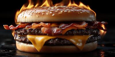 Juicy double cheeseburger with crispy bacon and melted cheese over open flames in a dark setting photo