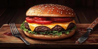 Juicy cheeseburger with fresh toppings served on a wooden board in a cozy restaurant setting photo