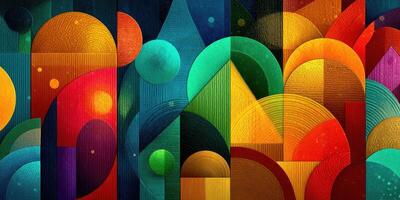 Colorful abstract geometric pattern with circles and triangles in vibrant hues on canvas photo