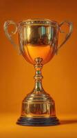 Shiny trophy displayed on a vibrant orange background with reflective surfaces highlighting elegant details photo