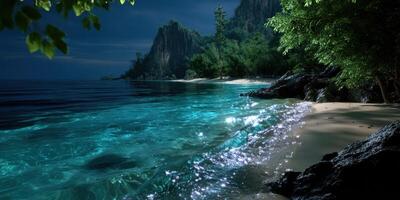 Serene night at a secluded beach with calm waters and illuminated shoreline photo