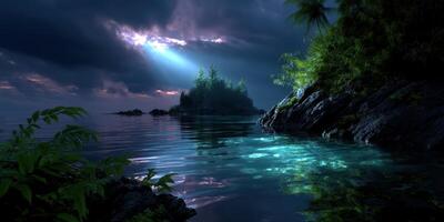 Starlit waters illuminate a tranquil island oasis surrounded by lush greenery at dusk photo