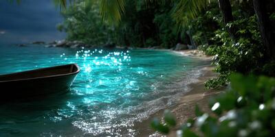 Shimmering waters reflect moonlight near a serene tropical shoreline with lush vegetation and a small boat at dusk photo