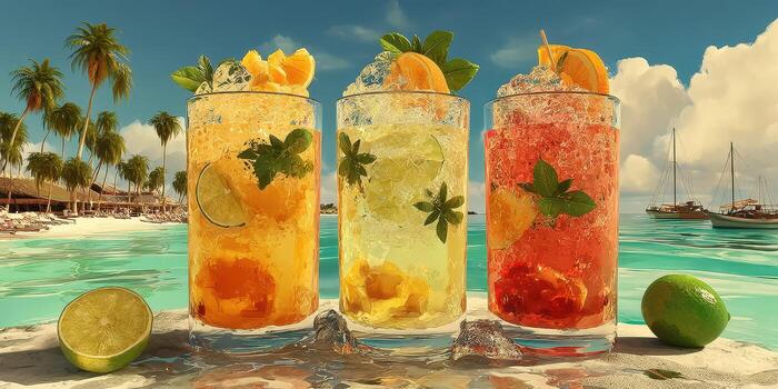 Refreshing tropical drinks served by the beach on a sunny day with palm trees and sailboats in the background photo