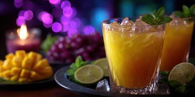 Refreshing tropical cocktails served with fresh fruit on a festive table with vibrant lights photo