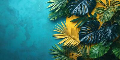 Vibrant tropical leaves arranged against a bright blue and yellow background creating a lively atmosphere ideal for creative projects photo