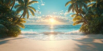 Sunset over tranquil beach with palm trees framing the view in a tropical paradise setting photo