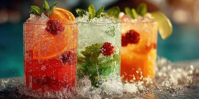 Refreshing summer cocktails served with fresh fruit and mint by a sparkling poolside photo
