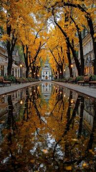 Autumn leaves create a vibrant reflection in a tranquil park during a serene evening stroll photo